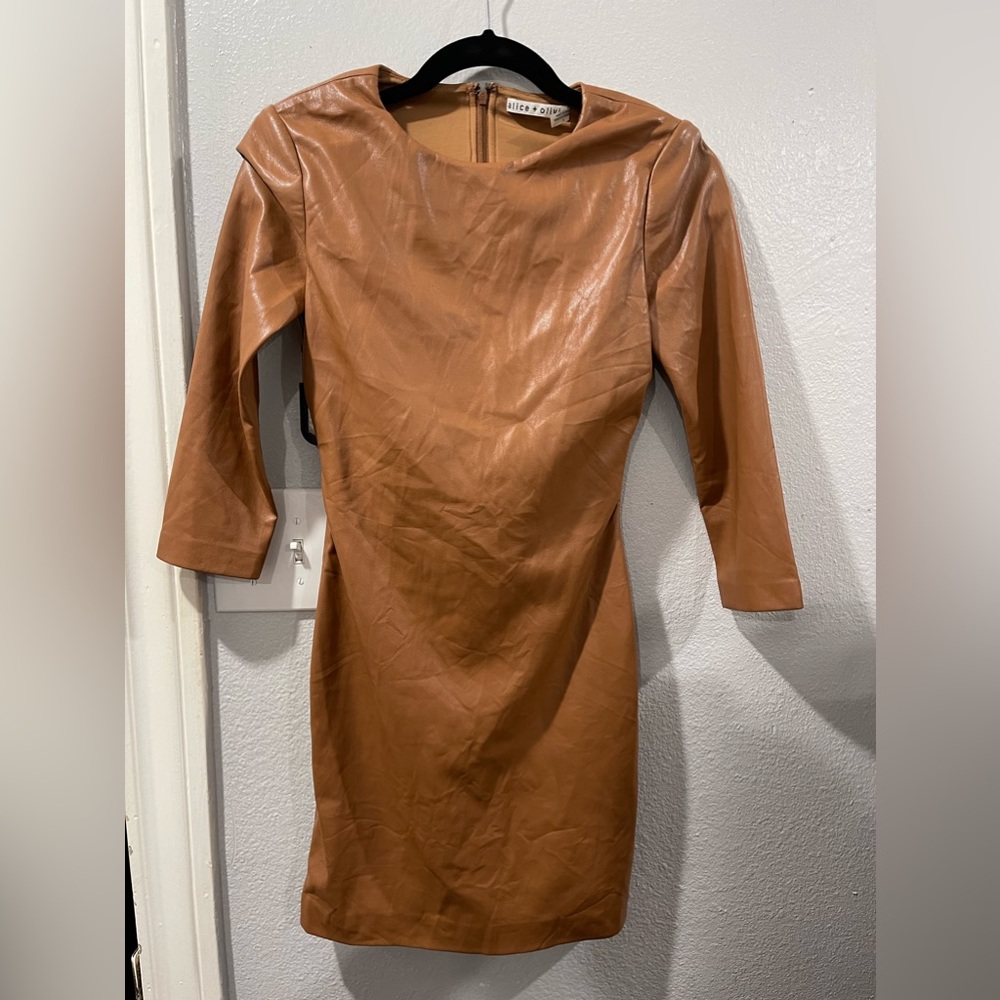 Alice + Olivia Cognac Brown Faux Leather Mini Dress